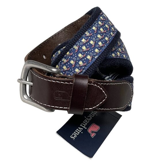 Vineyard Vines Belt NWT Mens 30 Brown Leather Blue Graphic Shotski Canvas Club - Picture 2 of 9